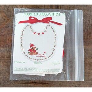 Vtg Sunset Designs 919 Counted Cross Stitch Holiday Christmas Bib Kit 5.5"